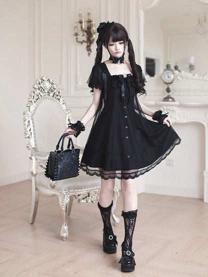 Square-Neck Gothic Dress with Sheer Overlay & Bow Detail - Ekomi