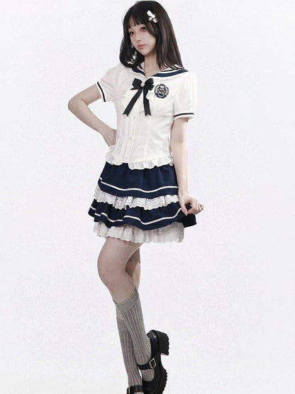 Navy Preppy Tiered Ruffle Skirt with Lace Embellishment - PINK SAVIOR