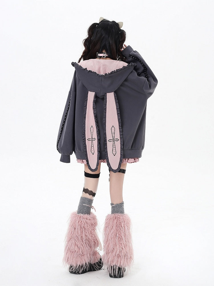Black/Gray Ruffle Trim Zip-Up Hoodie with Bunny Ears and Sweetheart Applique