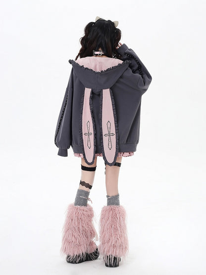 Black/Gray Ruffle Trim Zip-Up Hoodie with Bunny Ears and Sweetheart Applique
