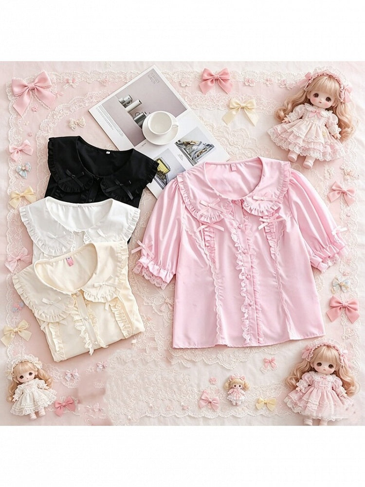 Plus Size White Black Pink Apricot Short Sleeve Lolita Peter Pan Blouse - Versatile girl