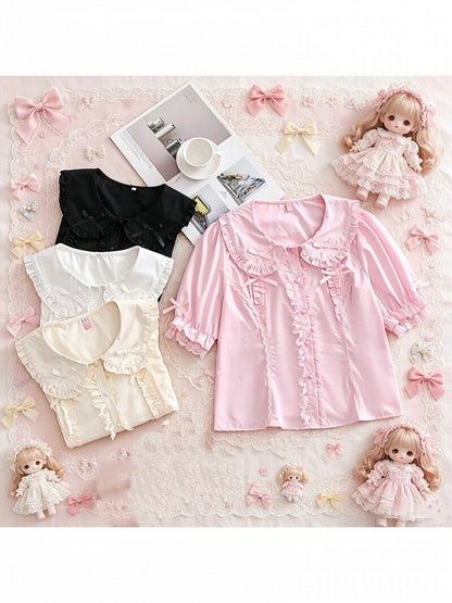 Plus Size White Black Pink Apricot Short Sleeve Lolita Peter Pan Blouse - Versatile girl