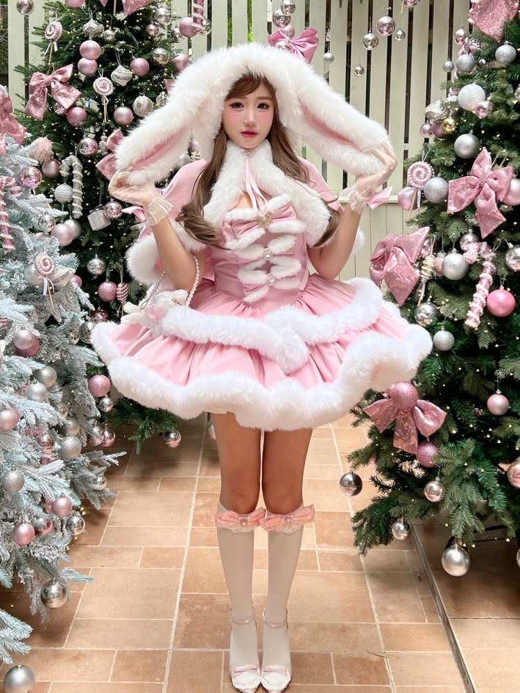 Pink Winter Snowflake Bows Accents Strapless Dress with White Plush Trimming