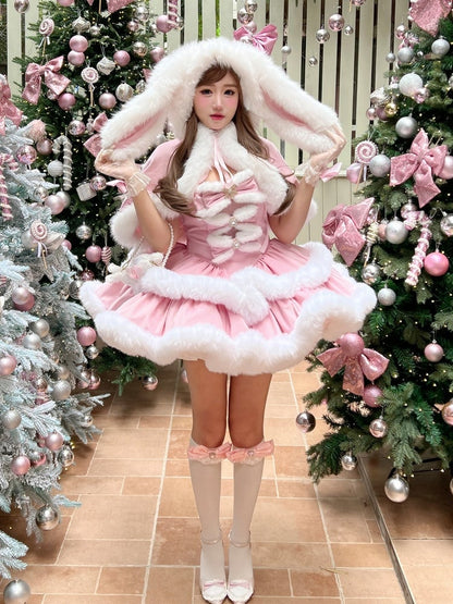 Pink Sweet Winter Lolita Hooded Cape with Oversized Plush Bunny Ears
