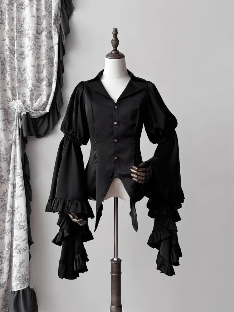 Schwarz / Dunkelblaues Aristocrat Gothic Hemd mit langen Glockenärmeln