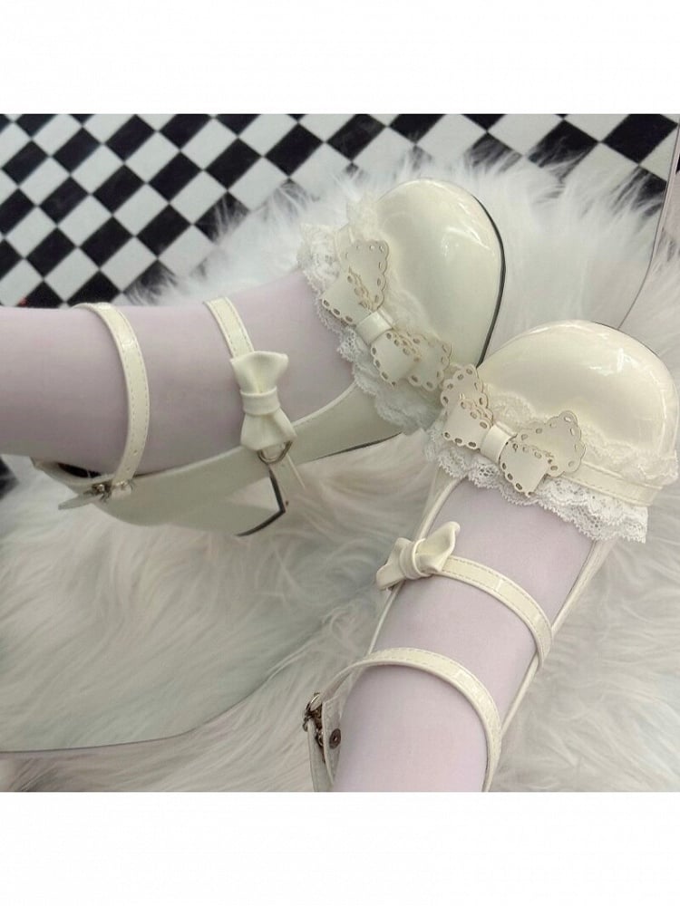 White Kawaii Butterfly Bow Round Toe Mary Jane Mid-Heel - MUMA Lolita