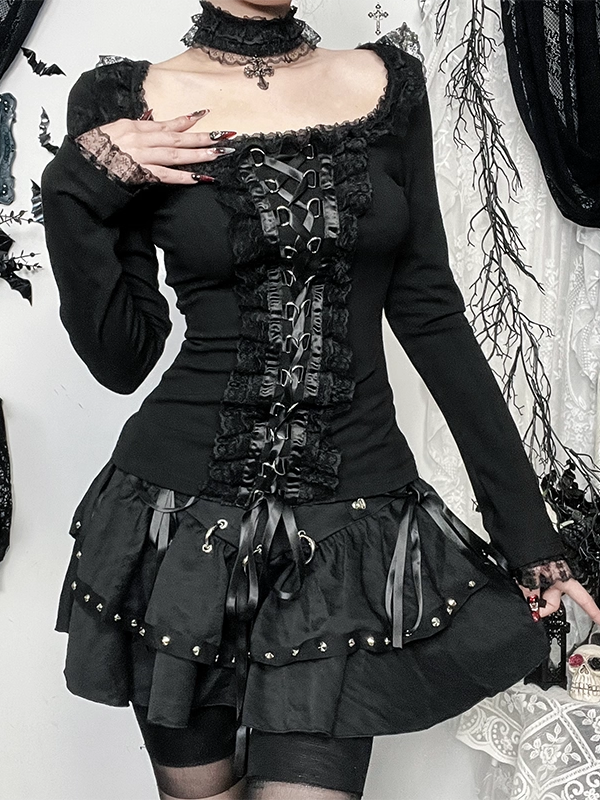 Long Top Black Choker with Sleeve Halloween Matching Lacing Lace D-Ring Gothic Trimmed