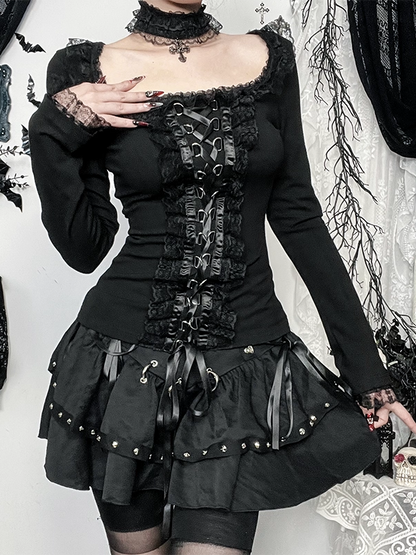 Long Top Black Choker with Sleeve Halloween Matching Lacing Lace D-Ring Gothic Trimmed