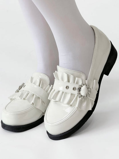 Leather Heels Rhinestone Bead PU Kei with Low Bow Jirai Polished White