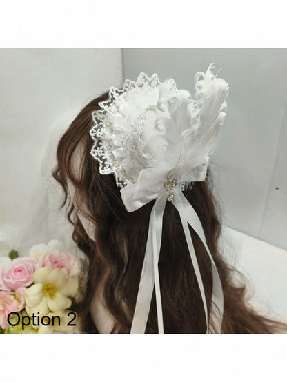 Kawaii White Feather Lolita Mini Hat with Lace Design - Ye Cheng Hair Accessory