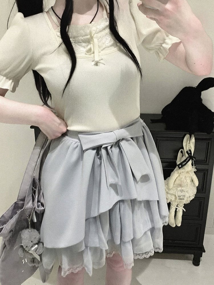 Blue/White/Black Plaid Tulle Skirt with Sash & Lace - Kitty Bxllet