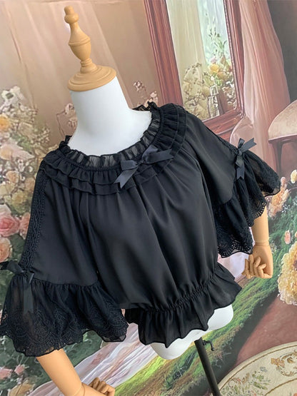 Three Colors Summer Classic Lolita Blouse with Off-Shoulder Neckline and Lace - Lan Jian Chuan