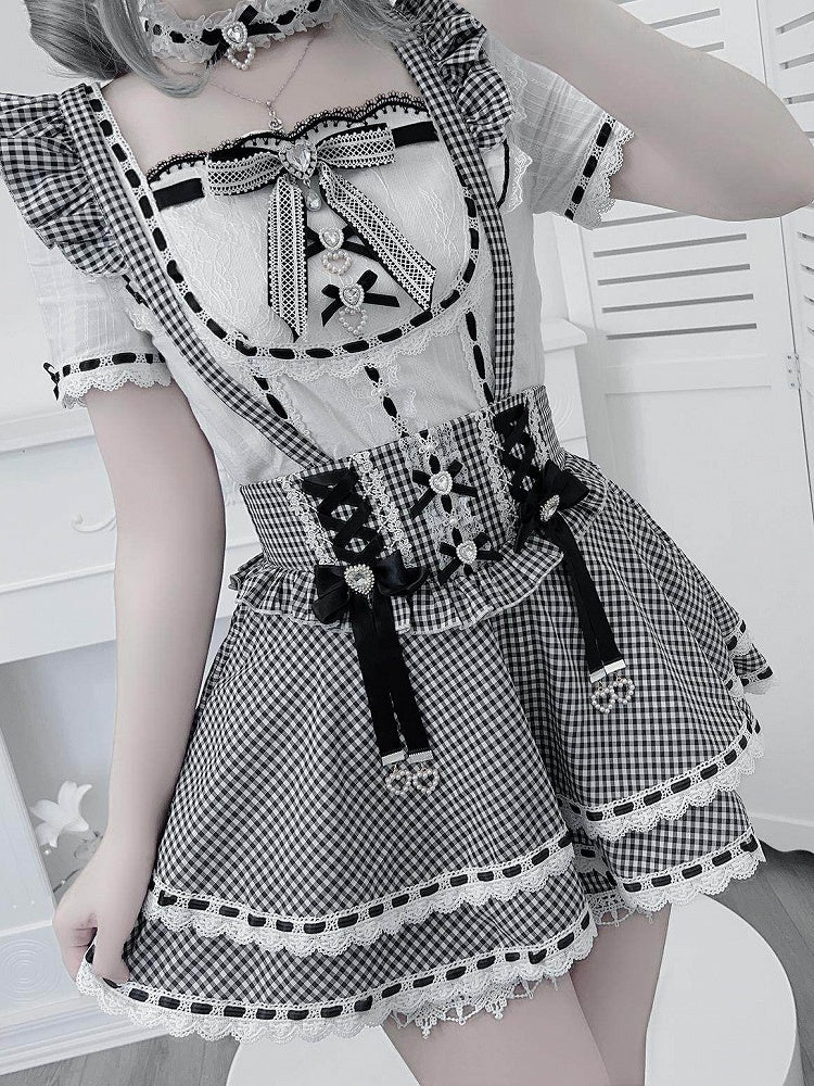 Black White Jirai Kei Square Neck Cotton Blouse with Bow Lace Details - Broken Bear