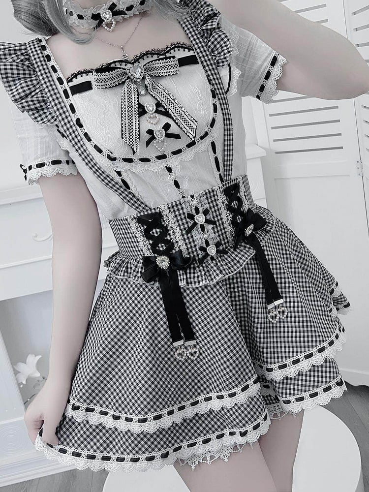 Black White Gingham Jirai Kei Overall Skort with Bow Lace Details - Broken Bear