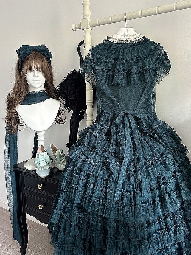 Cotton Tulle Skirt Waist Classic - Vest Green Dotted Elegant Lolita Multi-layered Set Dark Belt + Mesh