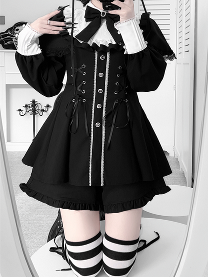 Black Dress Jirai Cape Tie Set Lace-Up Bow Matching + Design Long-Sleeve Shorts Kei