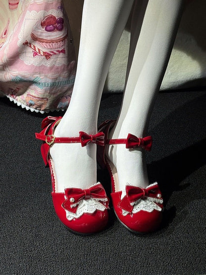 Red Bow Lace Round-Toe Low Heels with Heart Buckle - Fairy Godmother