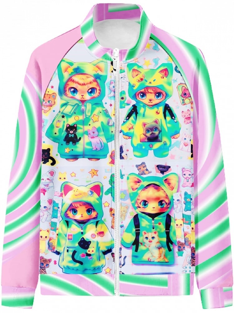 Print Cat Jacket Y2K PinkGreen