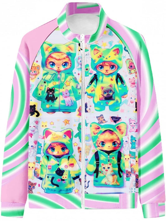 Print Cat Jacket Y2K PinkGreen