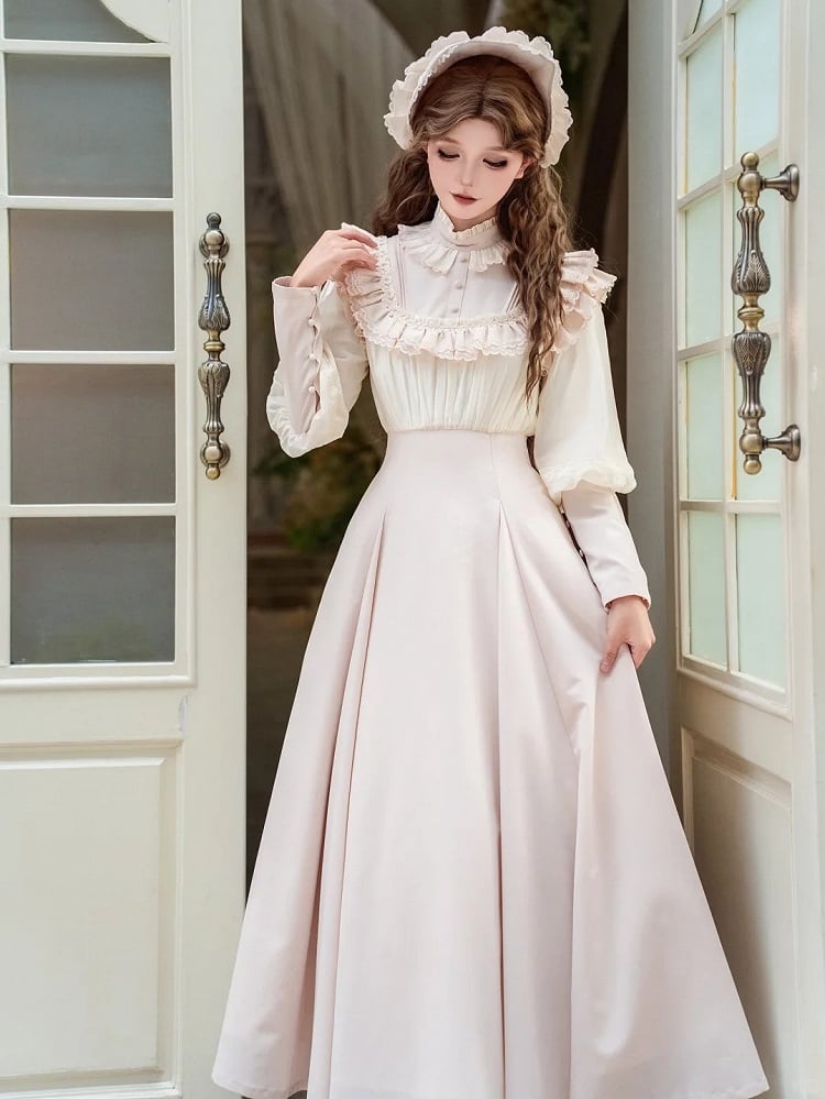 Long-Sleeve Ruffled Beige Classic Dress Elegant Waist Lolita High