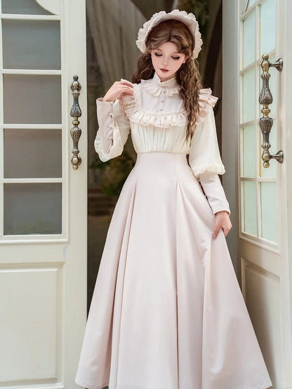Long-Sleeve Ruffled Beige Classic Dress Elegant Waist Lolita High