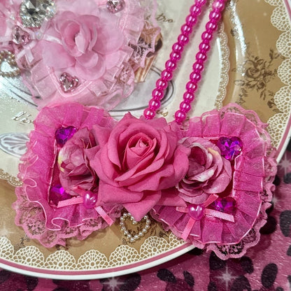 Rhinestone Pink Trim Decorated Necklace Lace Beaded Pendant Bowknot Light/Dark