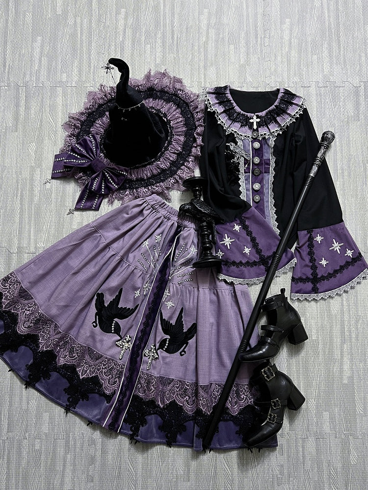 Purple Long Black Skirt Crow Patch Lolita Set + Top Wicthy Gothic