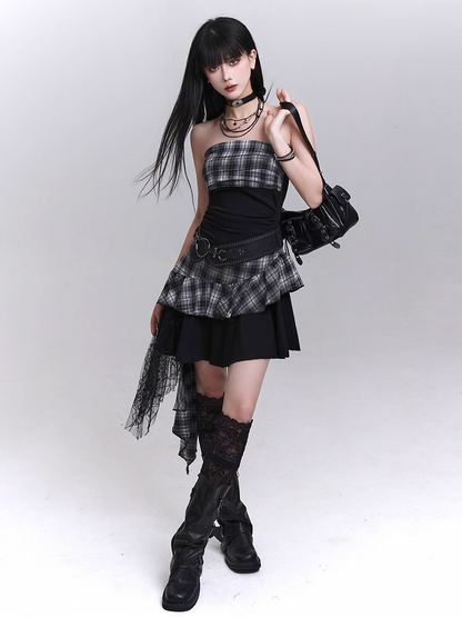 Trägerloses Kleid Rock Schwarz Weiß Plaid Asymmetrischer Saum Stufen