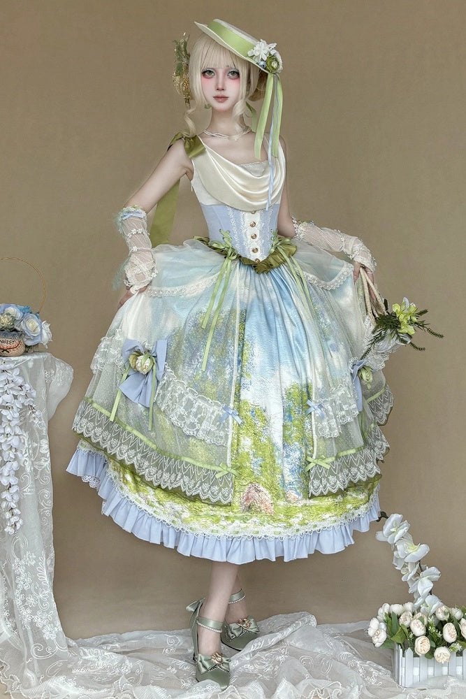 Art Print Skirt Classic Lolita Cowl Neck JSK Dress with Removable Overlay - Moonlight Dream
