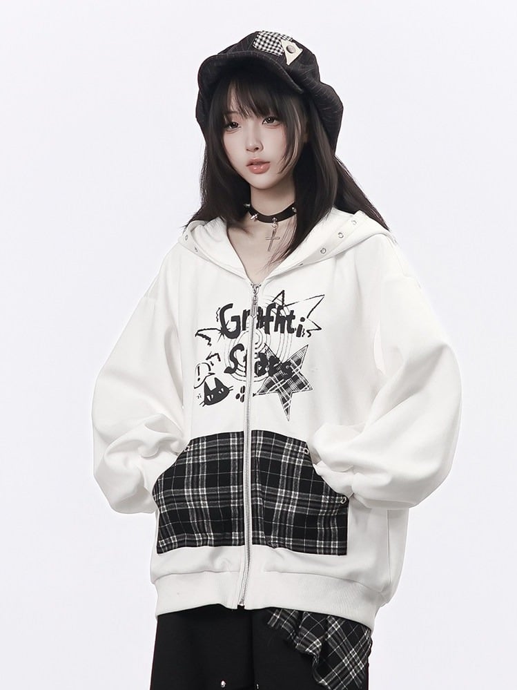 Zip-Up Hoodie with Graffiti Print, Metal Eyelets, Plaid Kangaroo Pocket in White - PINK SAVIOR