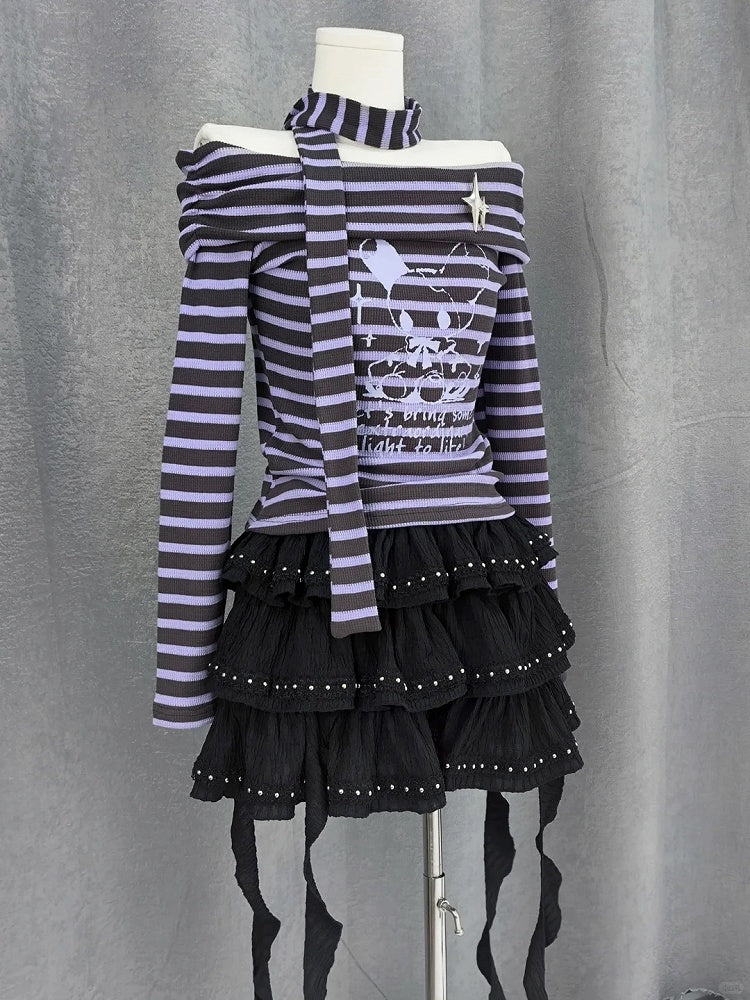 Neckline Striped Top Off-the-shoulder with Free Gray and Y2K Purple Scarf