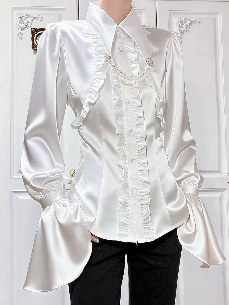 White Lolita Bat-Wing Ouji Collar Satin Gothic Shirt Ruffled Curved with