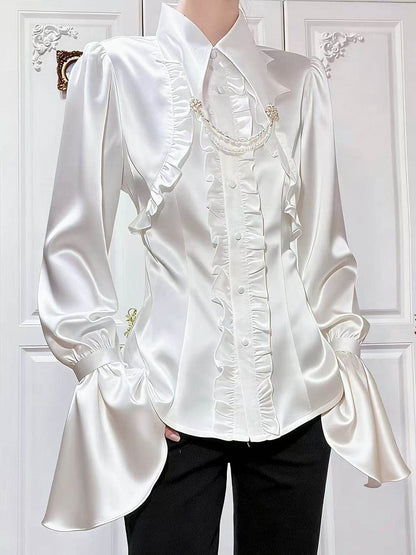 White Lolita Bat-Wing Ouji Collar Satin Gothic Shirt Ruffled Curved with