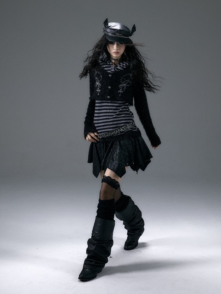 Layered-Look Black and Gray Striped Top with Doberman Ear