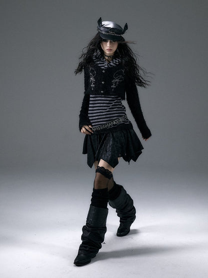 Fake Zweiteiler Schwarz-Grau gestreiftes Top mit Dobermannohr