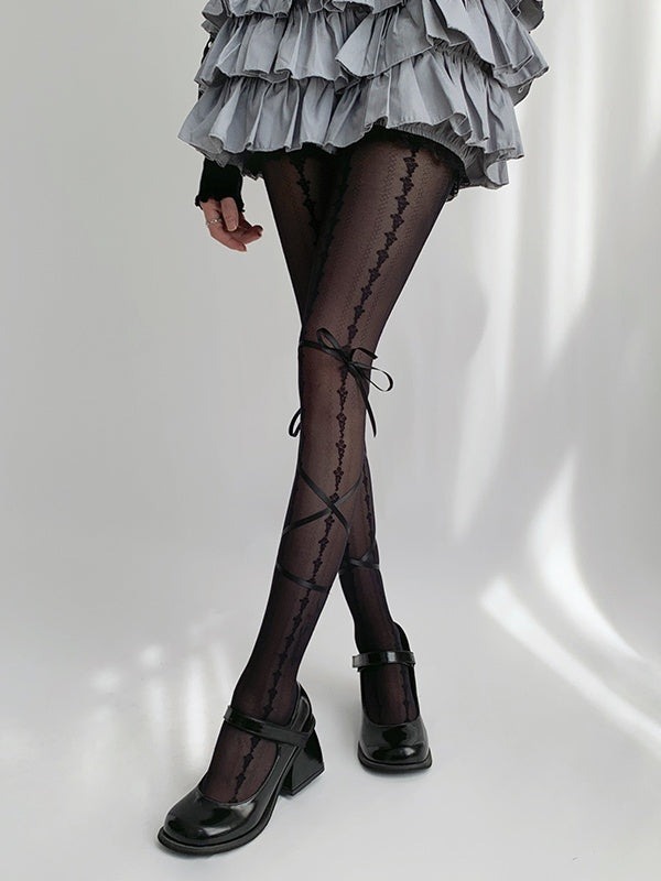 White/Black Design Bow Print Creamy Tights with Straps