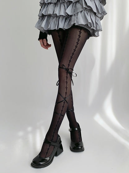 White/Black Design Bow Print Creamy Tights with Straps