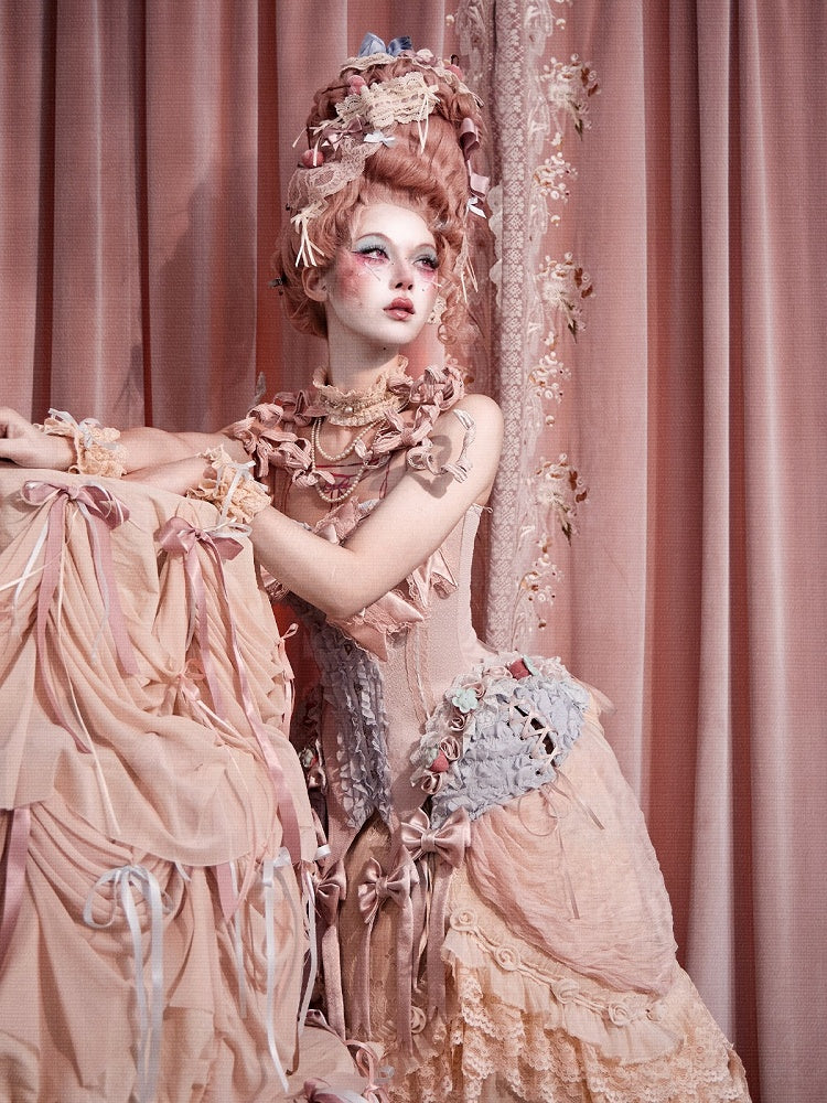 Strawberry Mousse Rococo Corset Top with Detachable Chest Bow and Shoulder Straps - Blood Supply