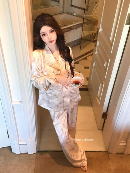 Satin Pajama Lace with Cat Lining Trim Set Print Fleece