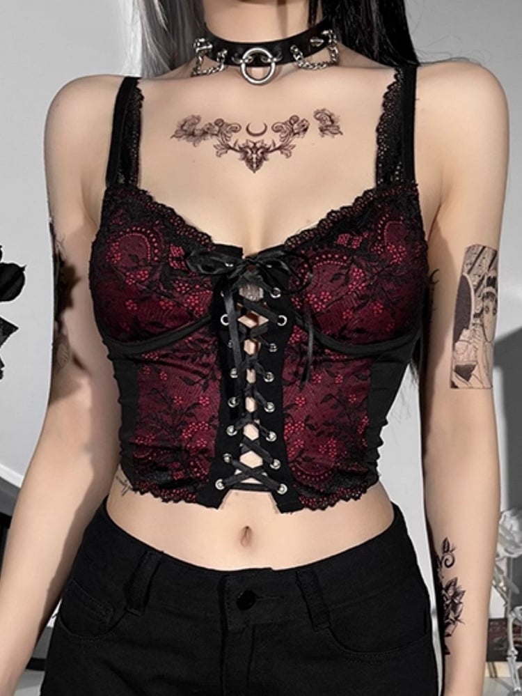 with Top Cami Lace-Up Black Halloween Crisscross Panel Gothic Front Red Embroidered