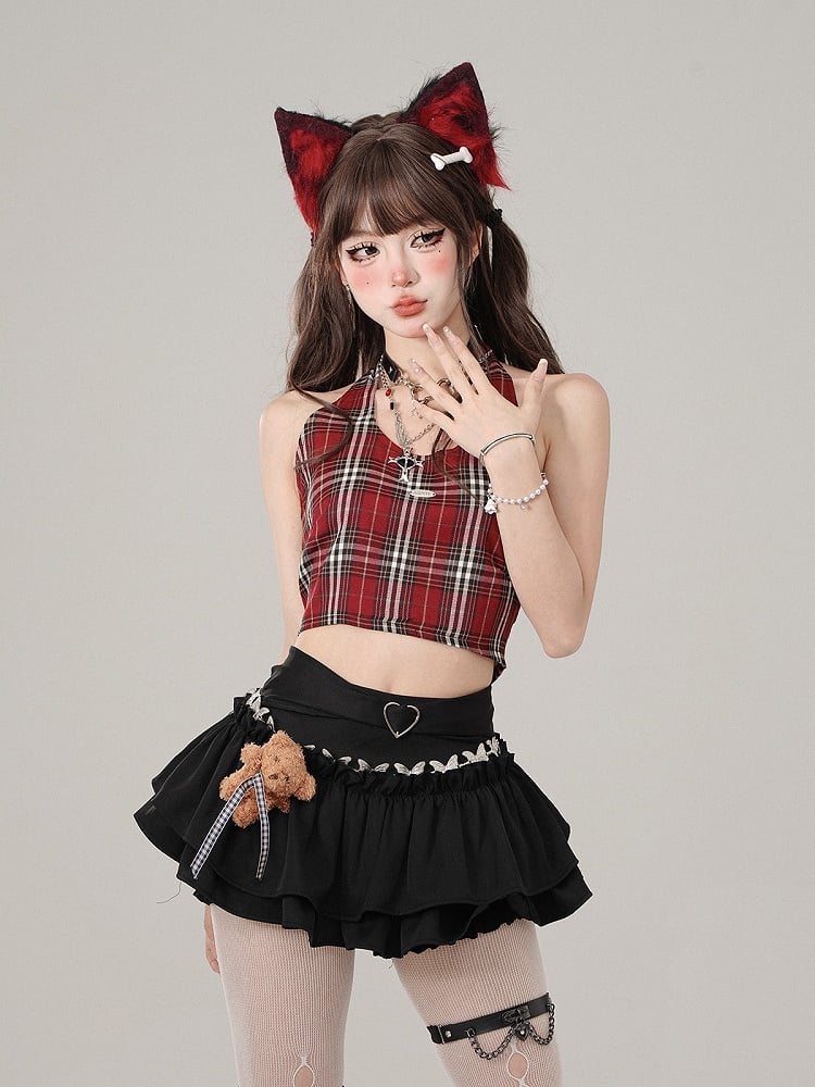 Rotes kariertes Neckholder-Crop-Tanktop - Adorable Slimming