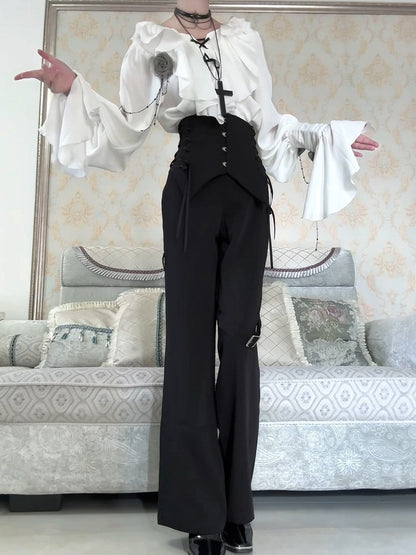 Ivory Cascading Ruffle Shirt with Gray Floral Chains - Shi Zhi Mao