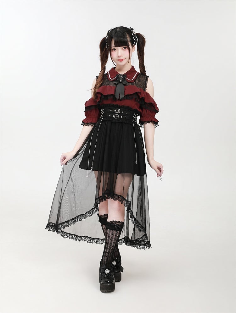 Double Kei Skirt Detachable Cross and Black with Buckles Chain Overlay Jirai Tulle