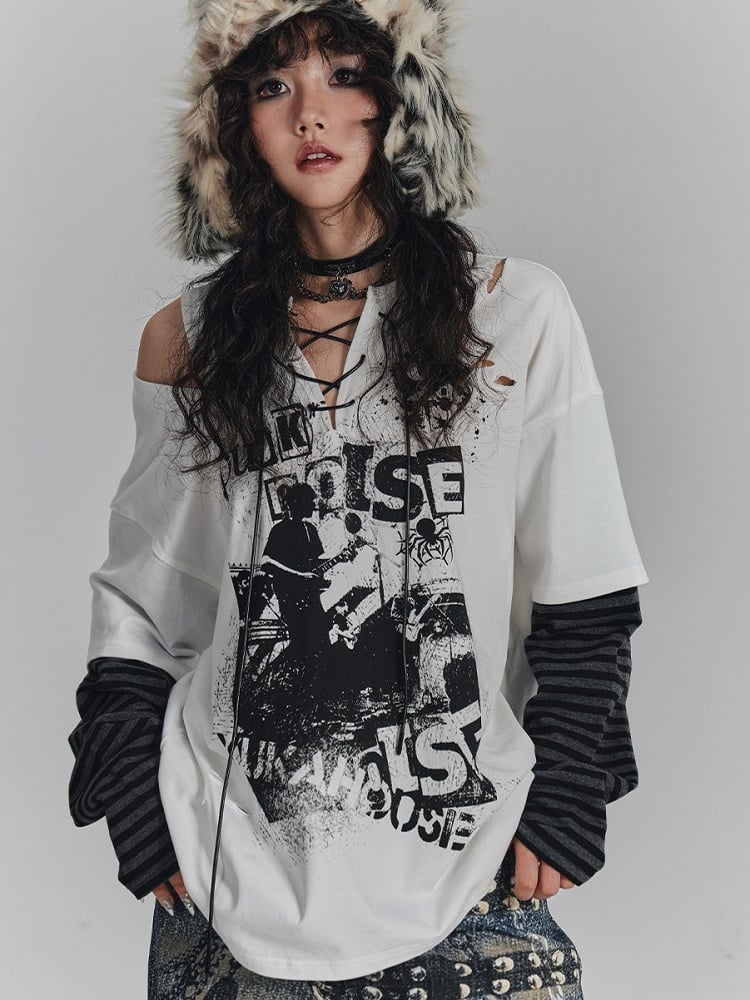 Graffiti Crossed White Shoulder Cut-Out Sleeve with V-Neck Punk Ties Striped Tee
