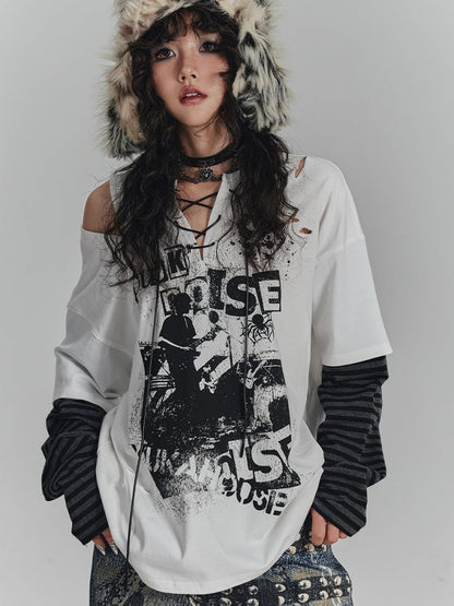 Graffiti Crossed White Shoulder Cut-Out Sleeve with V-Neck Punk Ties Striped Tee