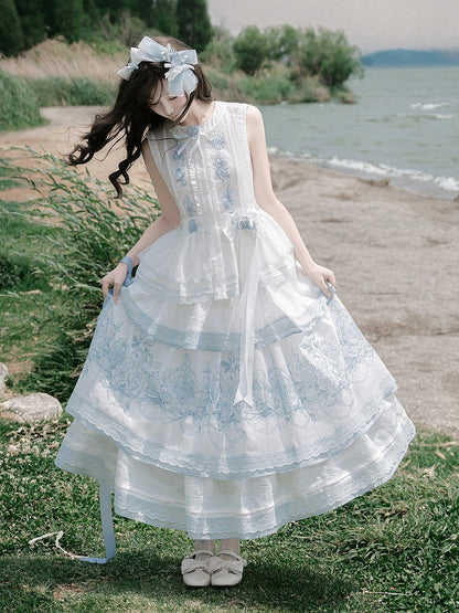 Layered Blue & White Lace Tencel Skirt with Floral Print - Yimu Walnut