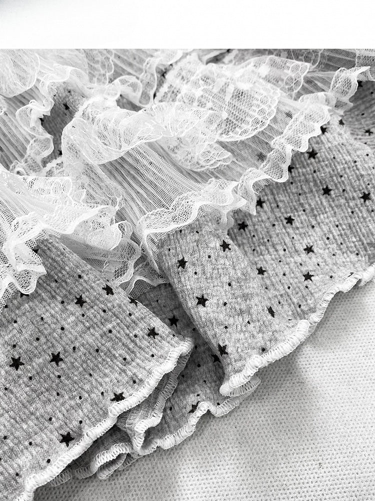 ドット柄パンツトリムY2K+レーススカートティアードカットビタースイート柄グレーワイドレッグ