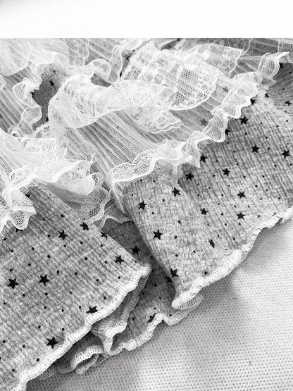 ドット柄パンツトリムY2K+レーススカートティアードカットビタースイート柄グレーワイドレッグ