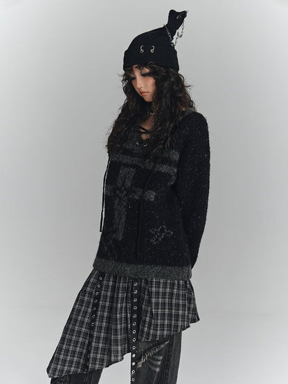 Lace-up Black Print with Crisscross Gray Sweater Cross Punk V-Neck