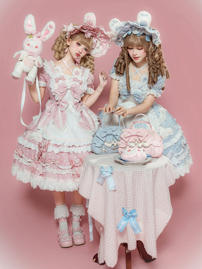 Punkte Blauer Ausschnitt Wunderschönes Quadratisches Kleid mit Hasenmuster Süße Polka-Plüschohren-Version Lolita